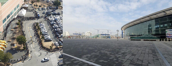 (왼쪽부터) 마스크를 구입하기 위해 기다리는 대구 시민들 / 코로나19로 발길이 끊긴 동대구역 광장의 모습