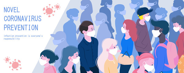 People wearing protective masks in crowded place, Covid-19 prevention banner design in flat style