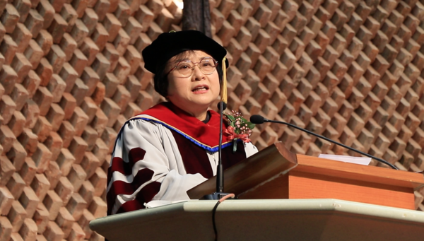 '한일장신대학교를 행복 플랫폼으로 만들겠다'는 포부를 전하고 있는 채은하 총장