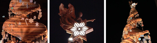 성탄목 작품, 100개의 계단형으로 쌓아올린 트리 위에는 다윗의 별이 있고 천사가 말구유 방향을 가리키고 있다.